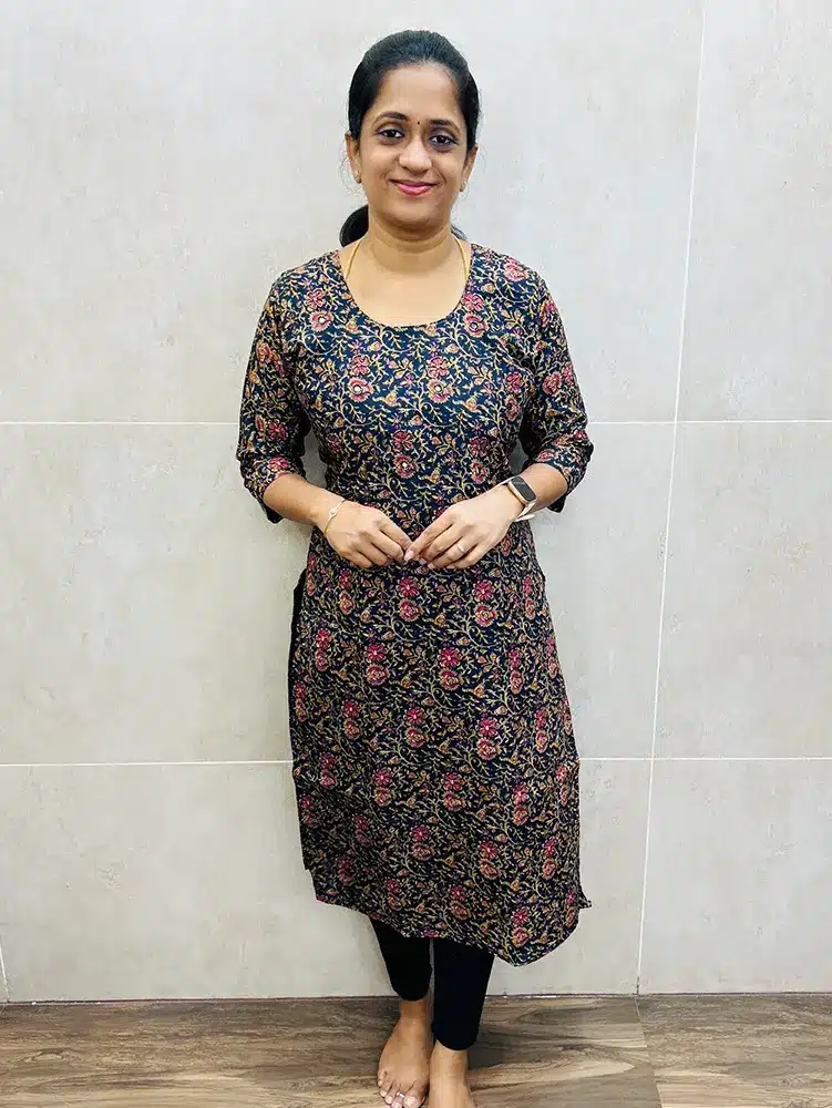 Blue - Printed soft silk top (cotton lining) with handworked yoke (Straight cut)