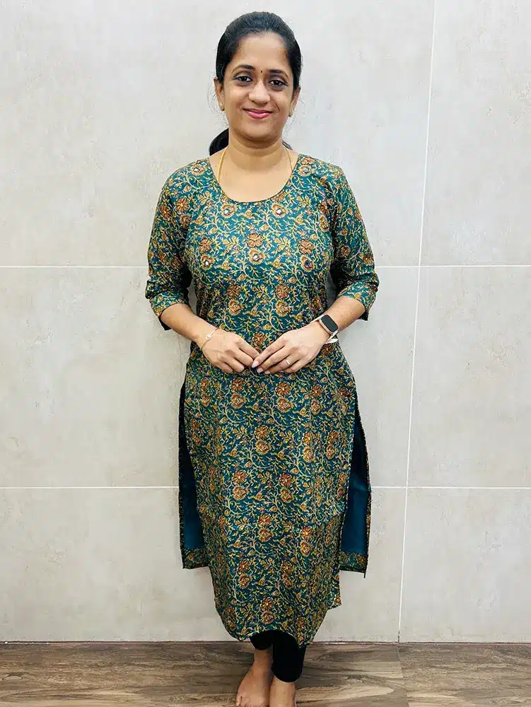 Rama green - Printed soft silk top (cotton lining) with handworked yoke (Straight cut)