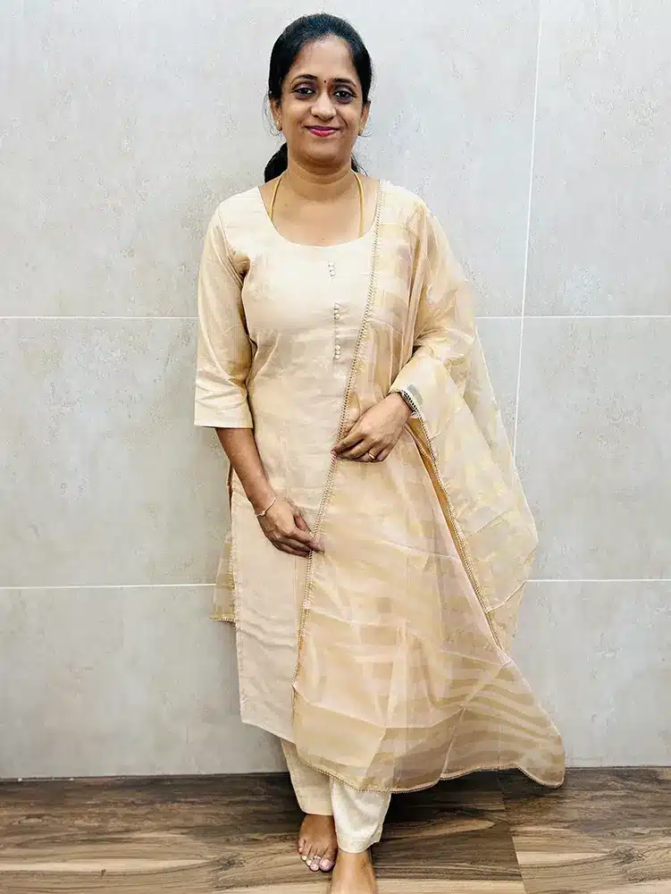 Beige - Premium muslin silk top (full crepe lining) with potli work on yoke paired with soft shimmer tissue silk dupatta and silk bottom (straight cut)