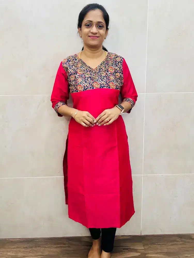 (Rani Pink)Premium silk cotton top(cotton lining)with handworked Kalamkari patchwork on yoke(straight cut)