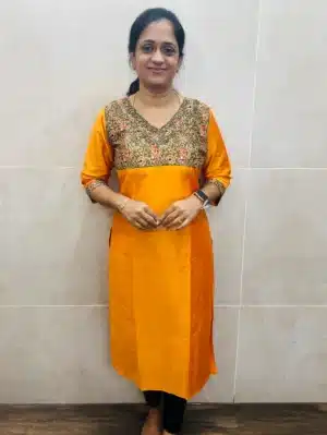 (Mango yellow)Premium silk cotton top(cotton lining)with handworked Kalamkari patchwork on yoke(straight cut)