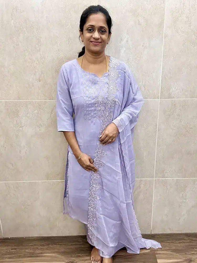 (Greyish Lavender)Premium soft chiffon silk top (full crepe lining) paired with chiffon silk dupatta and silk bottom (straight cut)