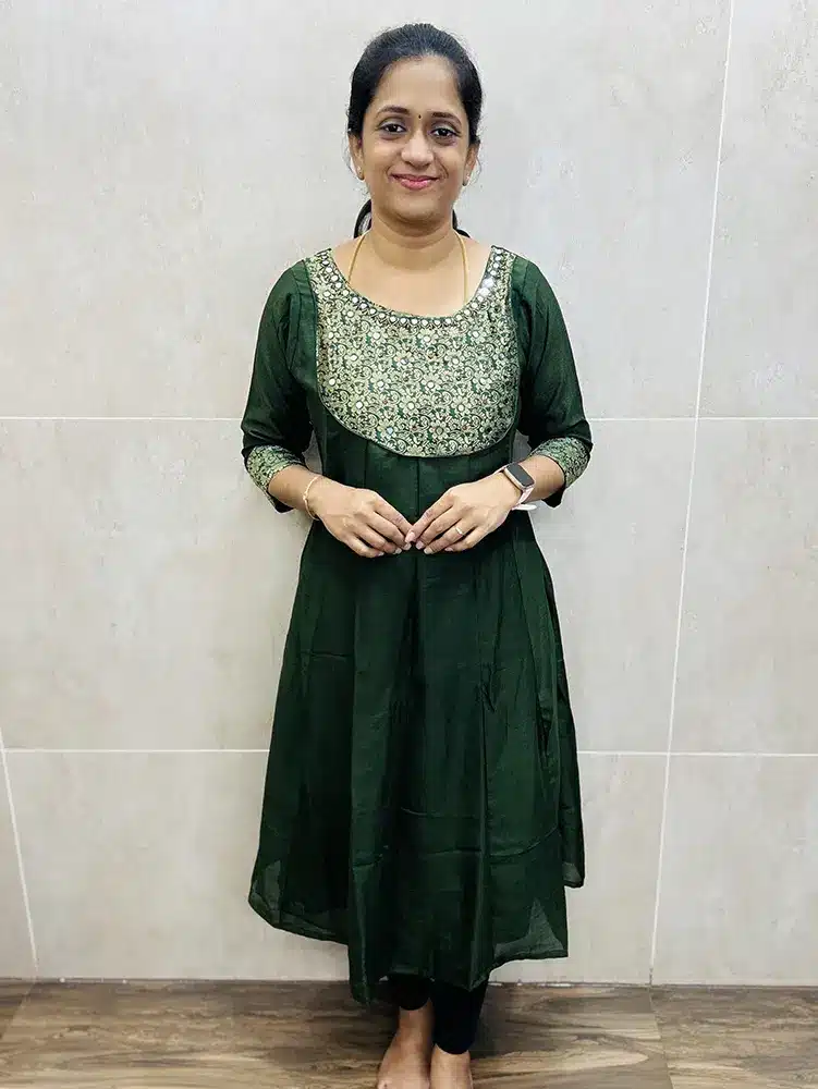 Mehandi green - Soft crepe silk top (crepe lining) with handworked Benaras patchwork on yoke (Anarkali pattern)