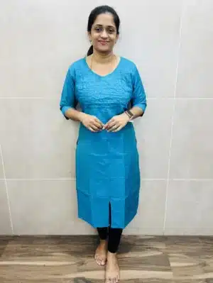 (Peacock blue)Premium semi raw silk top(cotton lining)with pintuck and potli works(straight cut)