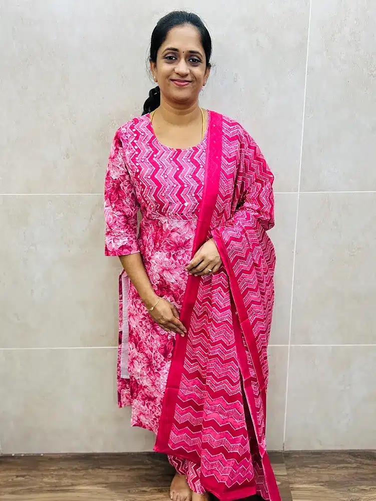 Printed Jaipur cotton top (cotton lining) with mirror worked yoke paired with printed cotton dupatta and cotton bottom (straight cut)