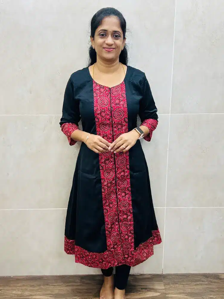 Soft silk top (full crepe lining) with Ajrakh patchwork on top (Aline pattern)