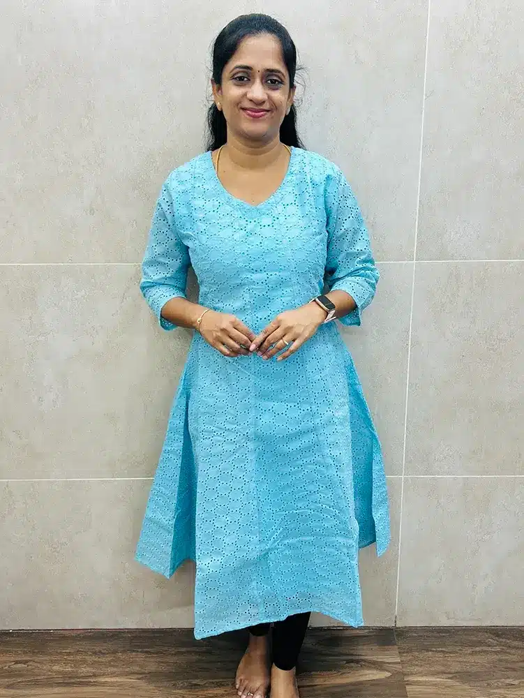 Sky blue - Acoba cotton Kurti with crepe lining (Anarkali pattern)
