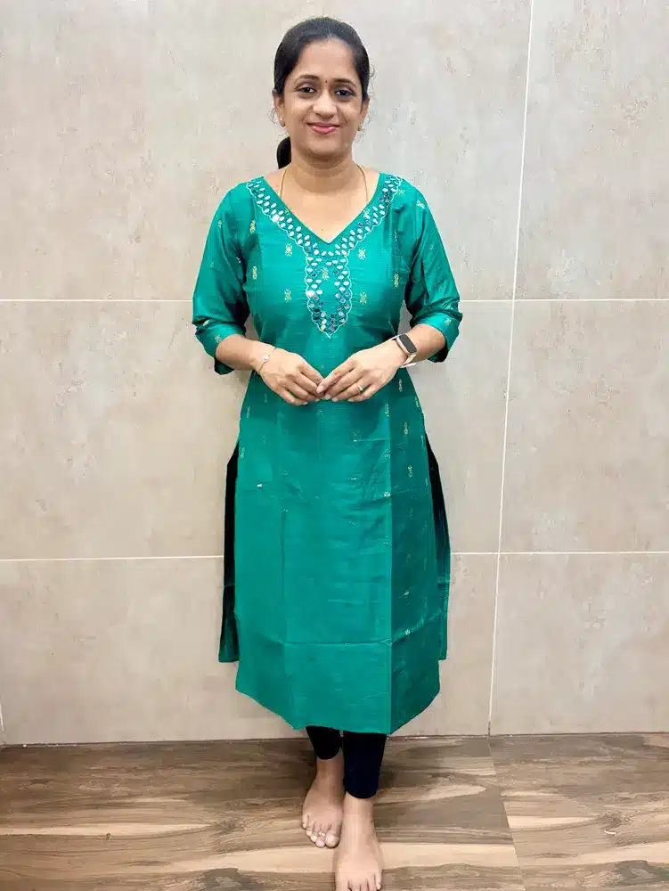 (Rama Green)Premium silk cotton top(cotton lining) with allover zari weaving buttas and mirror worked yoke(straight cut)