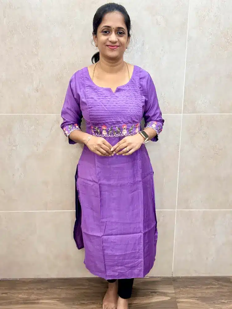 (Light purple)Imported soft and stretchable Rayon top(crepe lining)with machine embroidery work on yoke and sleeves(straight cut)