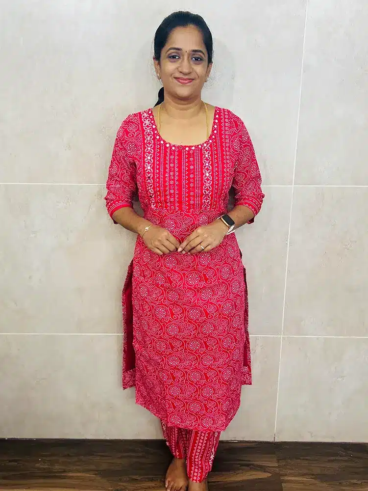 Pattern 1 - (Red)Printed cotton top (cotton lining) with handworked yoke paired with printed cotton bottom (straight cut)