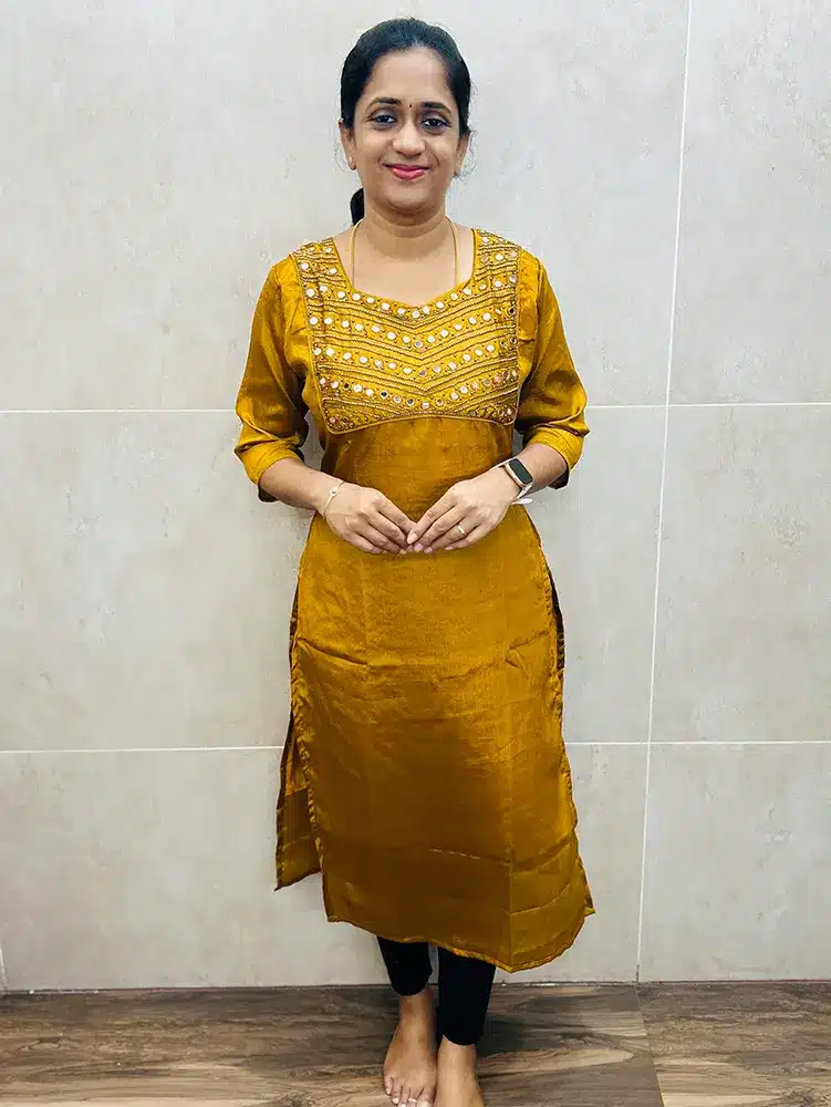 Soft silk top (crepe lining) with heavy mirror work on yoke (straight cut)