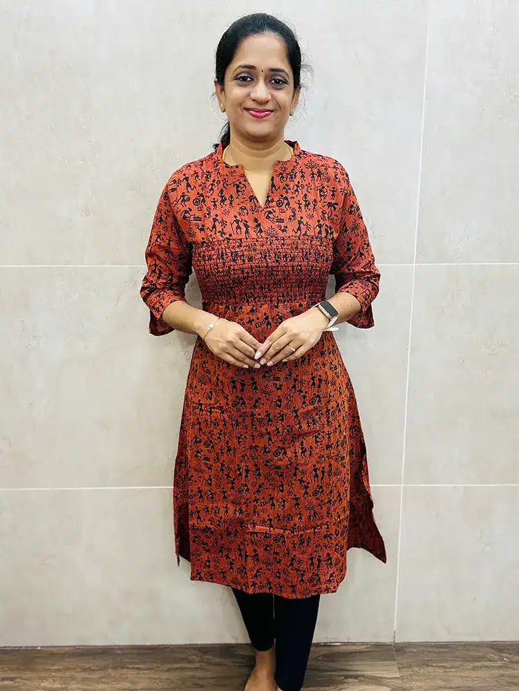 Premium silk cotton top (cotton lining) with all over warli prints and Smokey pattern on yoke (straight cut)