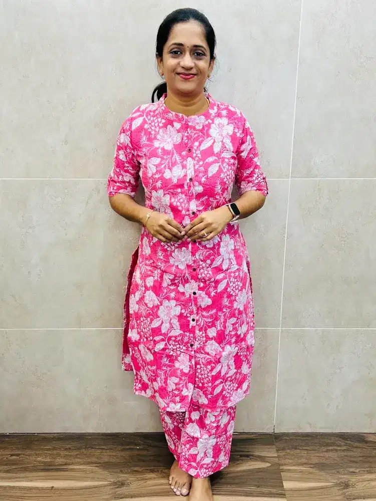 (Peachish pink)Printed Kantha cotton top(cotton lining) paired with cotton bottom(straight cut)