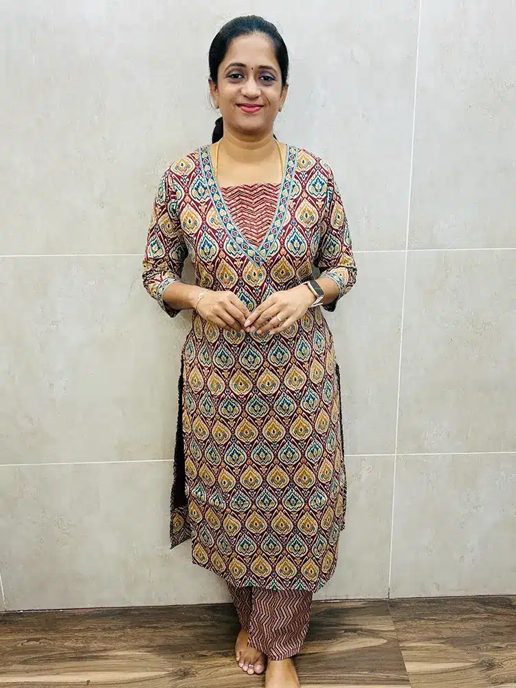 Premium Jaipur cotton top (cotton lining) with handworked yoke paired with printed cotton bottom (straight cut)