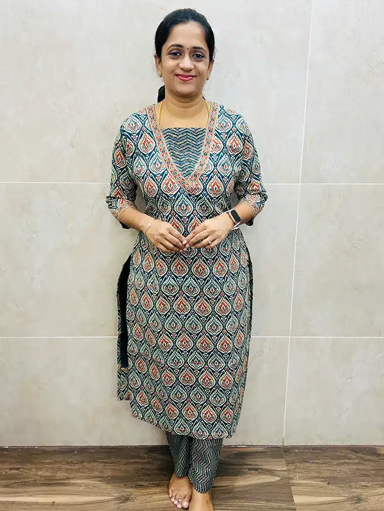 Premium Jaipur cotton top (cotton lining) with handworked yoke paired with printed cotton bottom (straight cut)