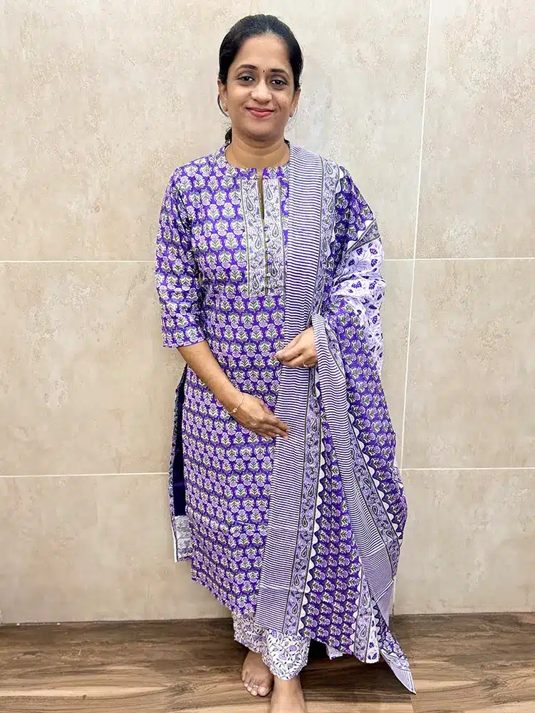 Printed Jaipur cotton top (cotton lining) with potli work on yoke paired with printed cotton dupatta and cotton bottom (straight cut)