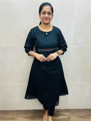 Black - Hakoba cotton top (crepe lining) with exclusive thread work on yoke (Aline pattern)