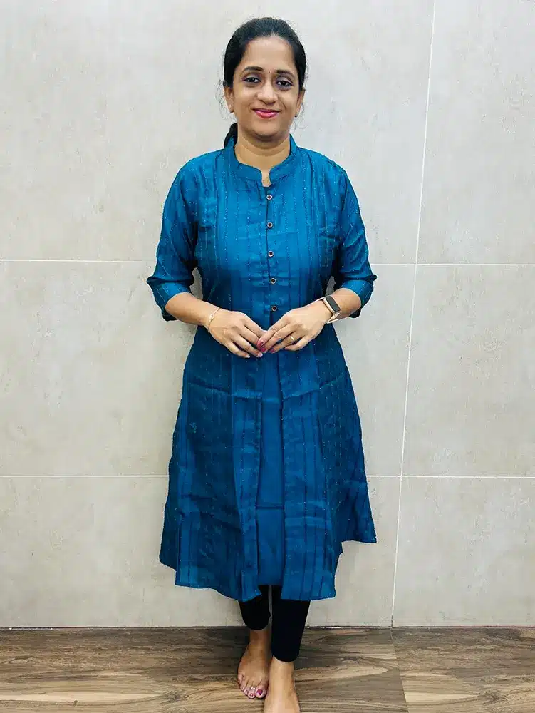 Teal Blue - Soft crepe silk top (crepe lining) with thread worked soft crepe silk openable overcoat (Aline pattern)