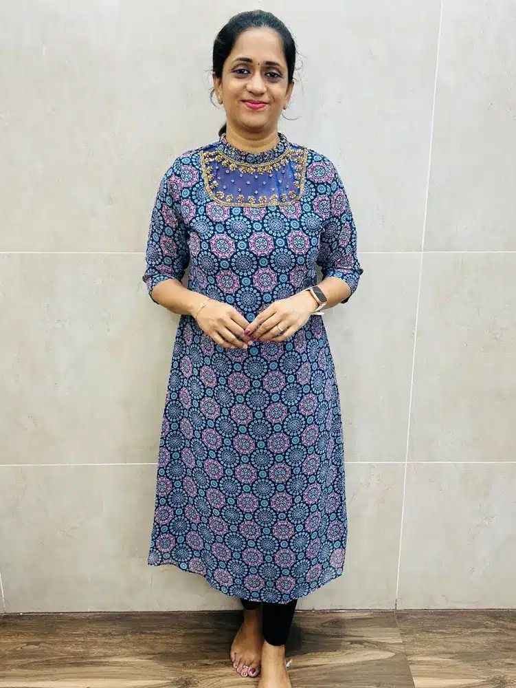 (Blue)Ajrakh printed Georgette top(cotton lining)with heavy handwork on yoke(straight cut)