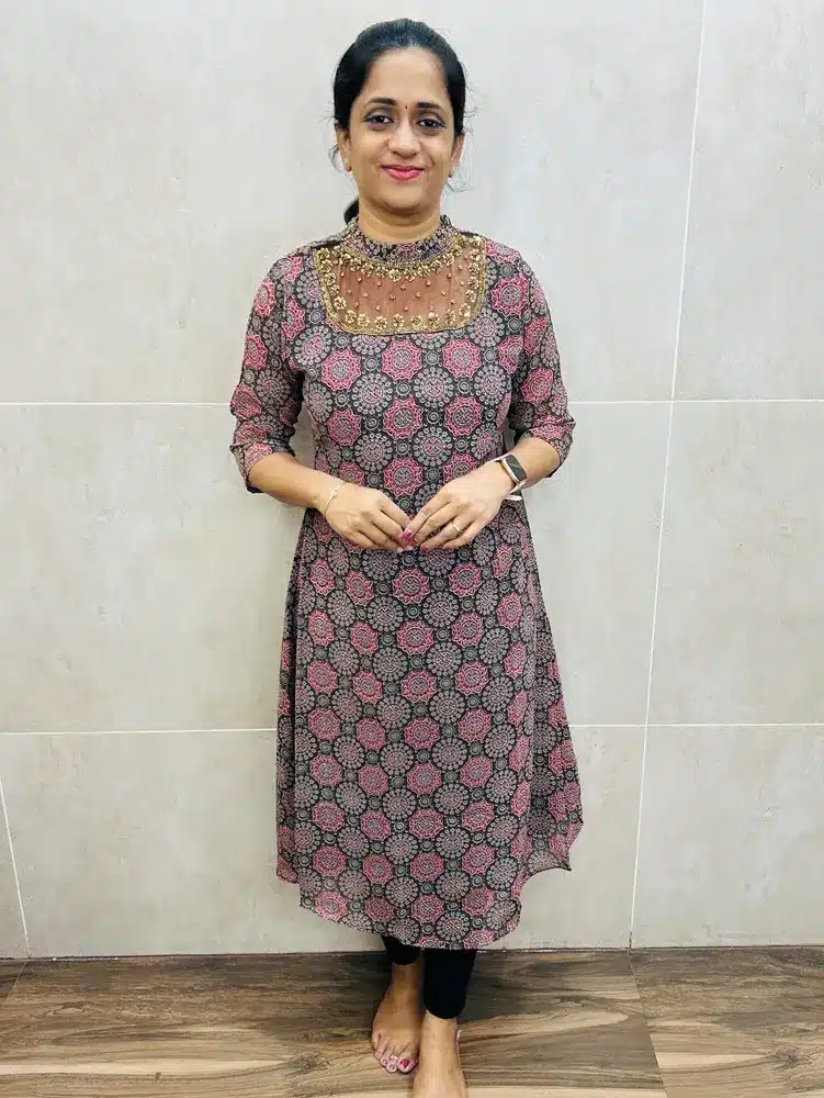 (Grey)Ajrakh printed Georgette top(cotton lining)with heavy handwork on yoke(straight cut)