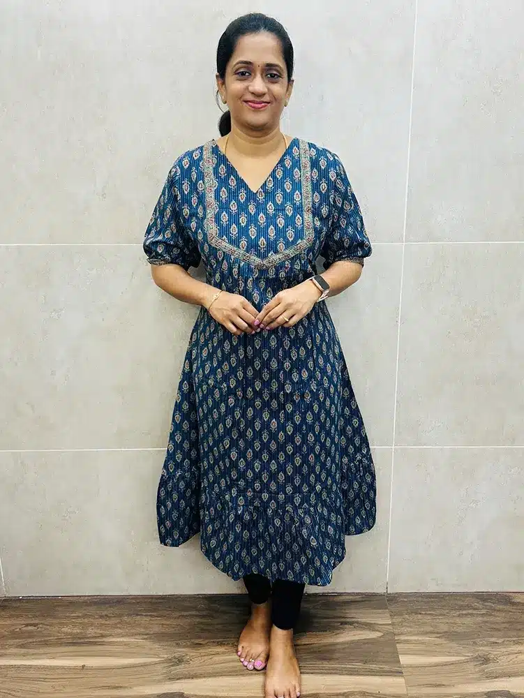 Indigo Blue - Handblock printed Jaipur Kantha cotton top with cotton lining (Aline pattern)