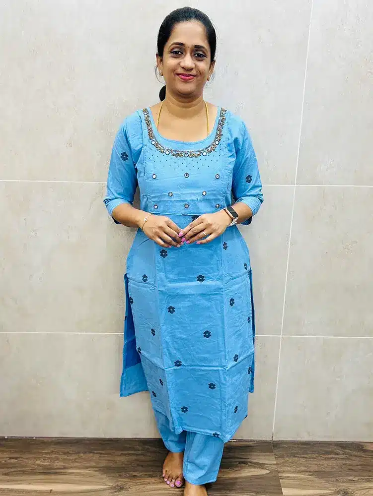 Pure cotton top (cotton lining) with all over thread weavings and handworked yoke paired with cotton bottom (straight cut)