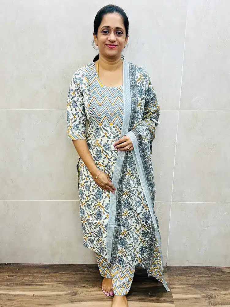 Printed Jaipur cotton top (cotton lining) paired with printed cotton dupatta and cotton bottom (straight cut)