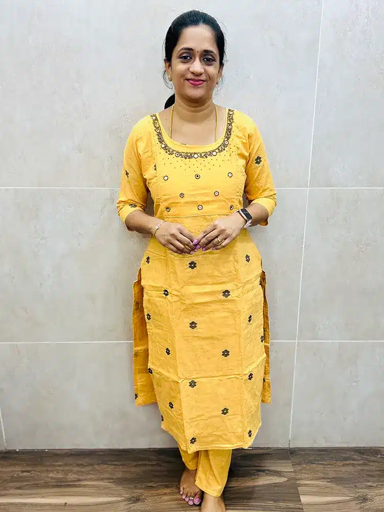 Pure cotton top (cotton lining) with all over thread weavings and handworked yoke paired with cotton bottom (straight cut)
