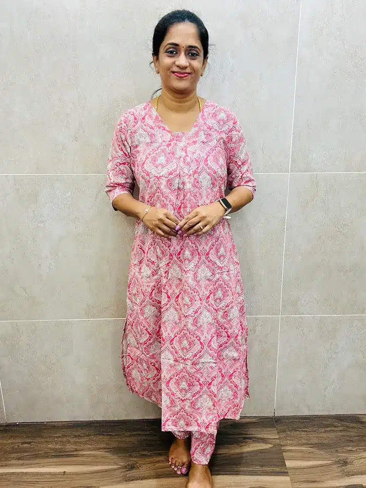 Peach - Printed cotton top with pleated work paired with printed cotton bottom (straight cut)