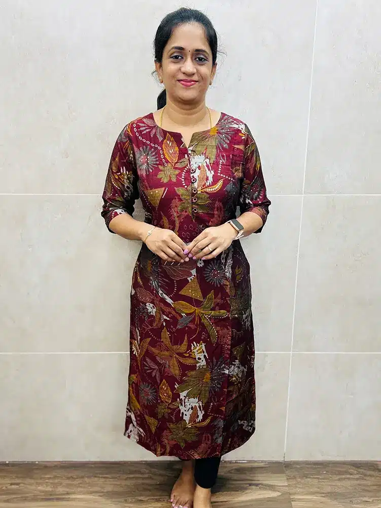 Maroon - Premium muslin silk top (crepe lining) with fancy buttons on yoke (straight cut)