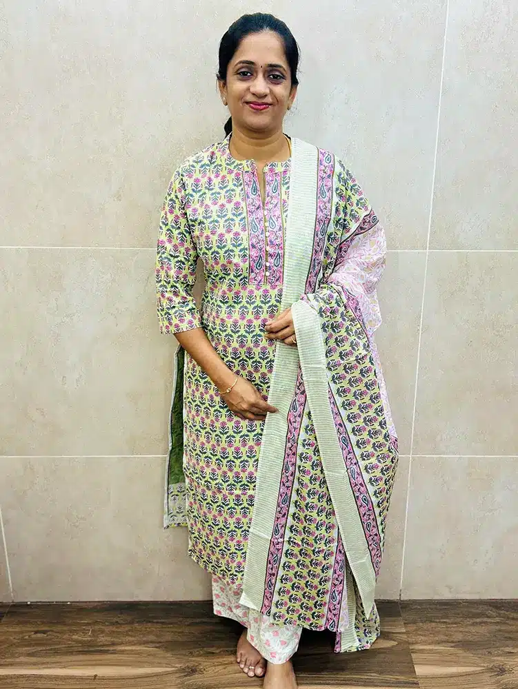 Printed Jaipur cotton top (cotton lining) with potli work on yoke paired with printed cotton dupatta and cotton bottom (straight cut)