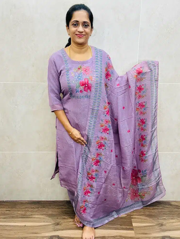 Premium soft shimmer tissue silk top (full crepe lining) paired with printed soft tissue silk dupatta and silk bottom (straight cut)