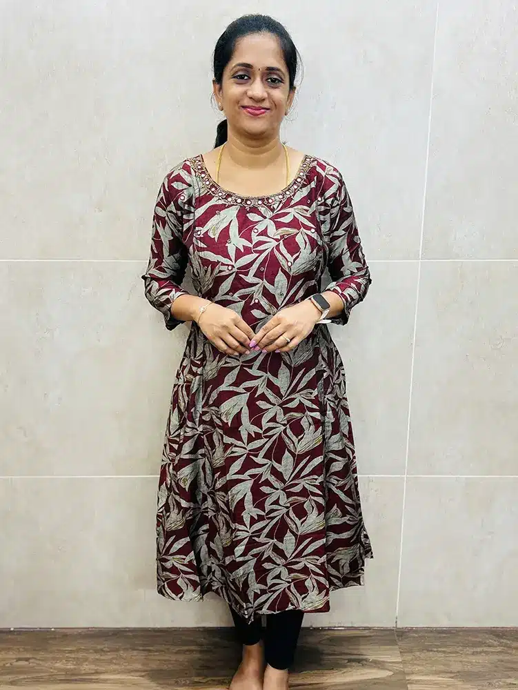 (Dark Maroon)Premium muslin silk top (cotton lining) with handworked yoke (panel cut Anarkali pattern)