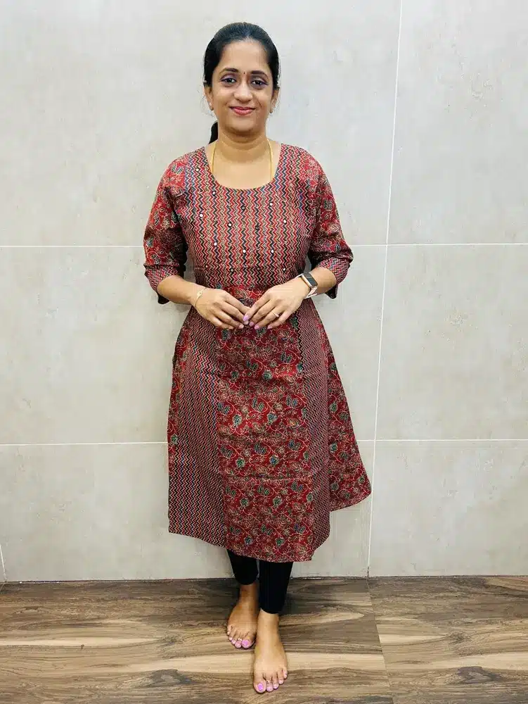 Printed Jaipur cotton top(cotton lining) with handworked yoke(panel cut Anarkali)