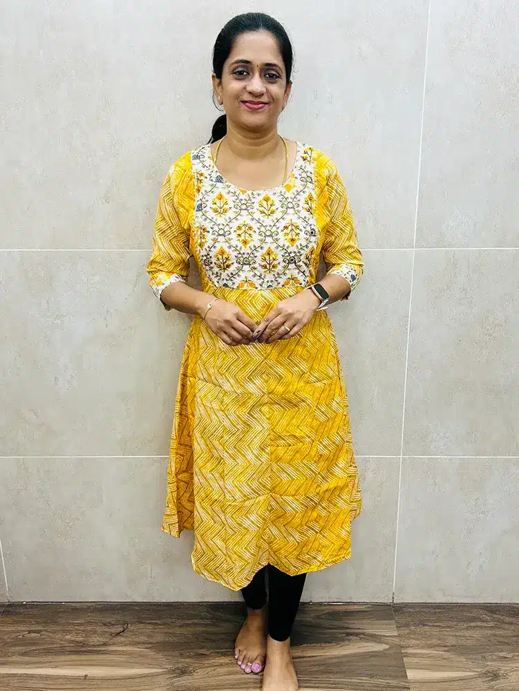 Printed Rayon top (crepe lining) with handworked yoke (Panel cut Anarkali)