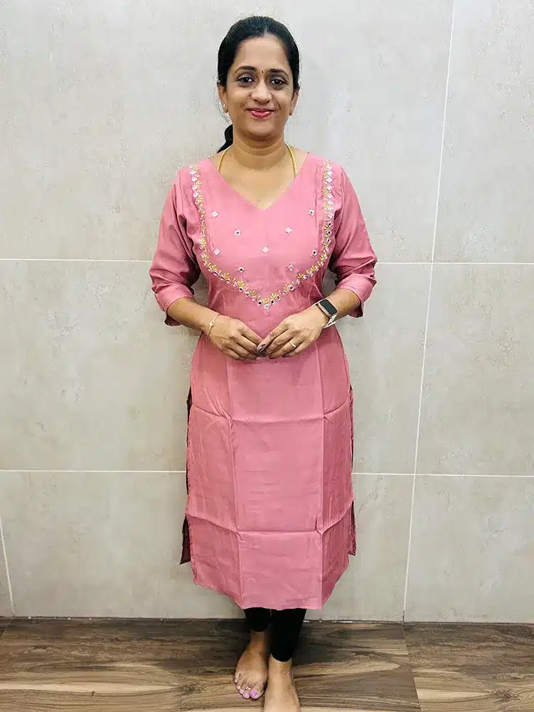 Soft muslin silk top (full crepe lining) with mirror worked yoke (straight cut)