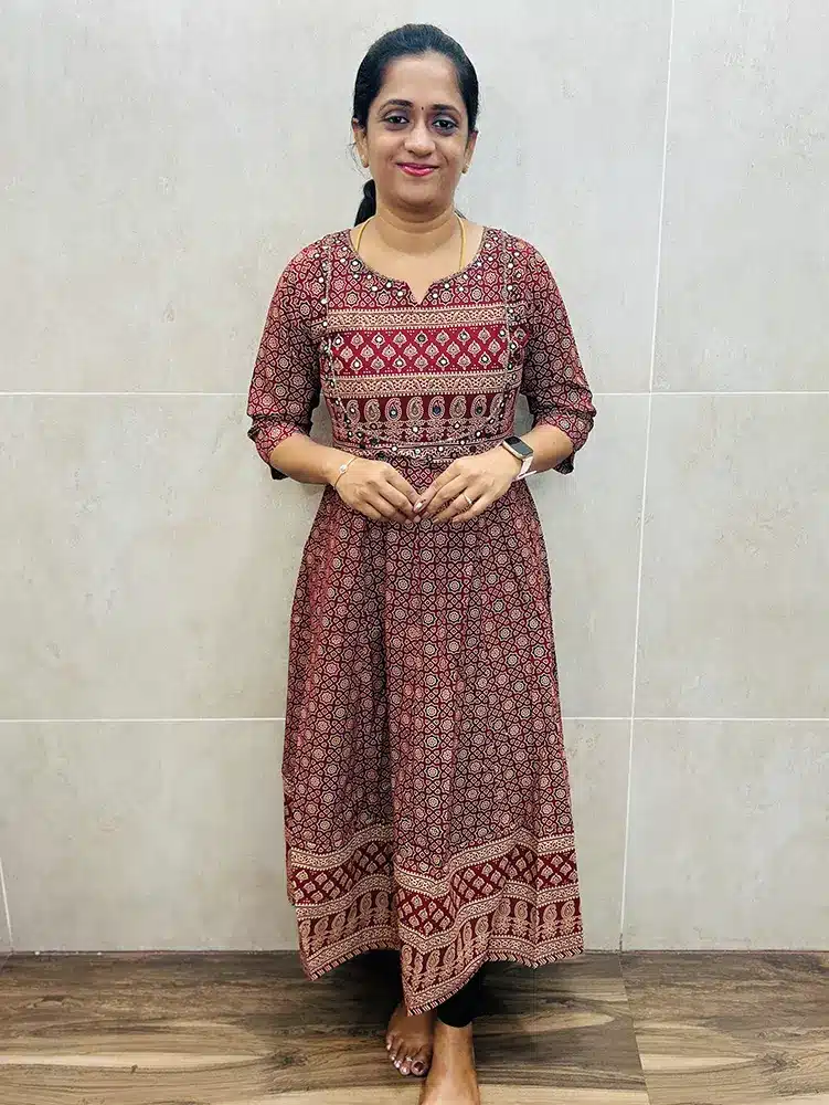 Brick red - Ajrakh cotton top (cotton lining) with handworked yoke (12 part Anarkali)