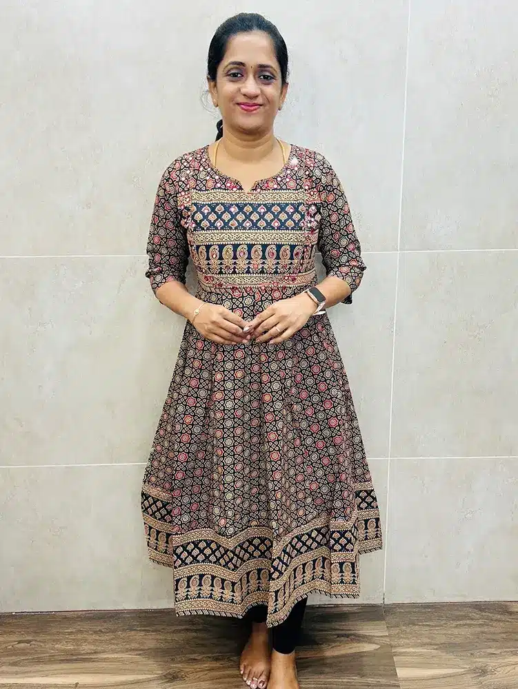 Black -Ajrakh cotton top (cotton lining) with handworked yoke (12 part Anarkali)