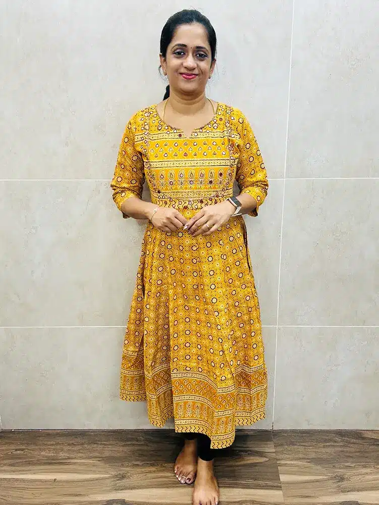 Mustard Yellow -Ajrakh cotton top (cotton lining) with handworked yoke (12 part Anarkali)