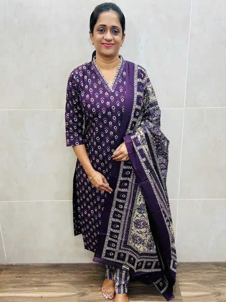 (Dark Purple)Handblock printed Jaipur cotton top(cotton lining) paired with printed cotton dupatta and cotton bottom(straight cut)