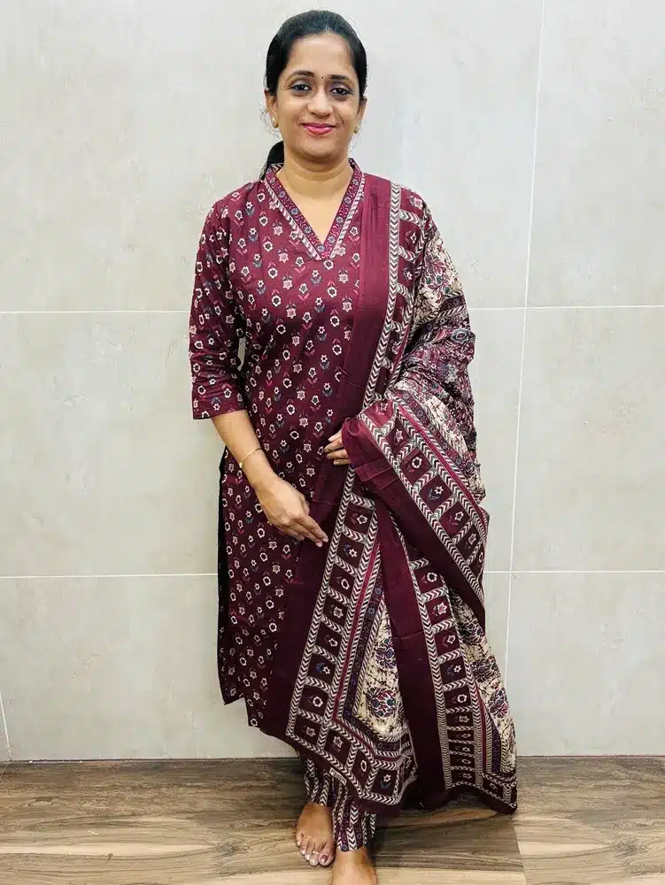(Dark Maroon)Handblock printed Jaipur cotton top(cotton lining) paired with printed cotton dupatta and cotton bottom(straight cut)