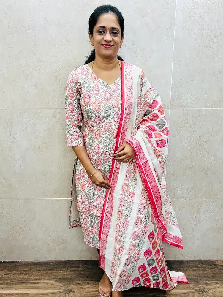 Printed muslin silk top (cotton lining) paired with printed muslin silk dupatta