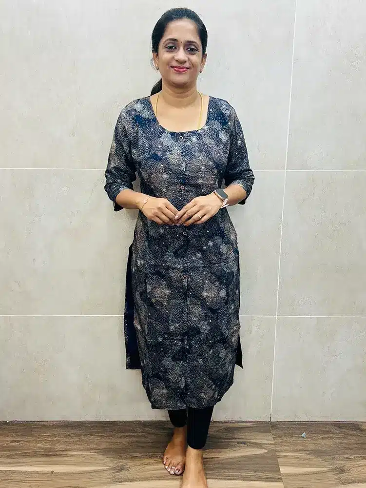 Blue - Printed soft rayon top (cotton lining) with all over Potli work (straight cut)