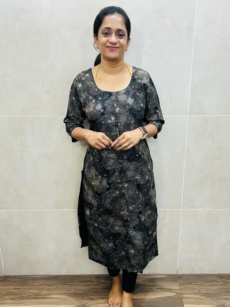 Black - Printed soft rayon top (cotton lining) with all over Potli work (straight cut)