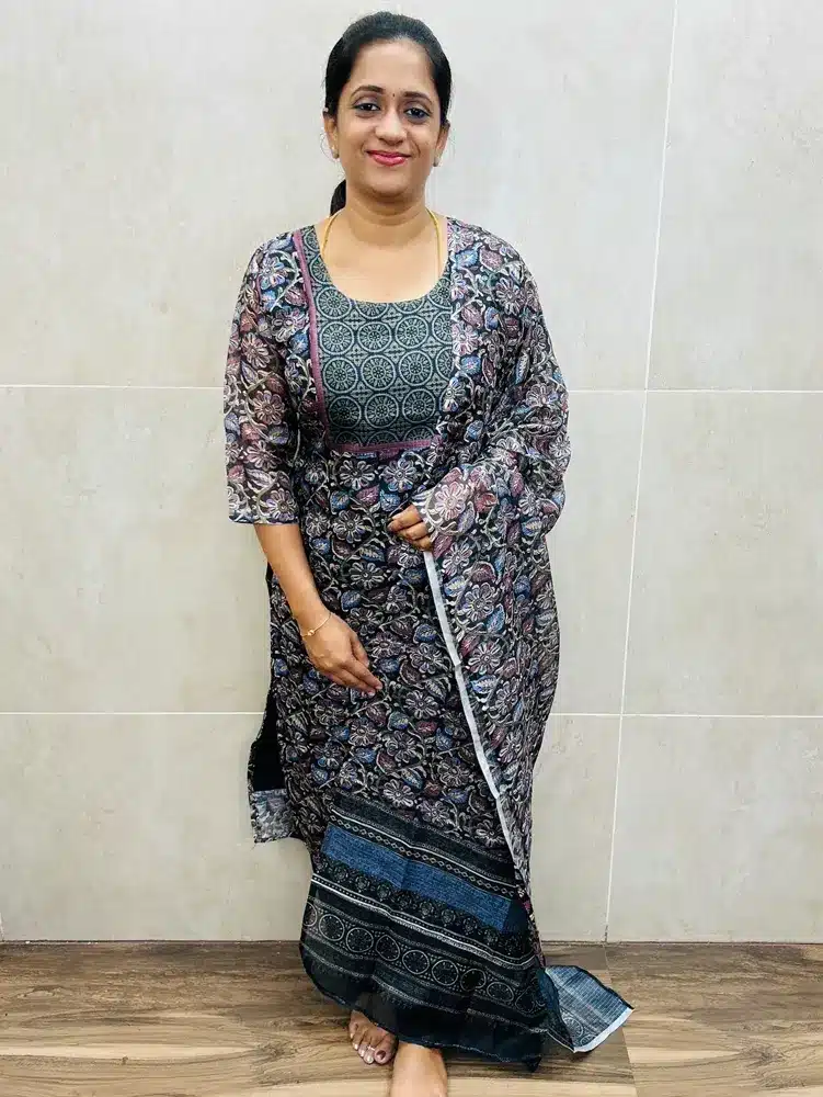 (Black)Handblock printed soft kota top(crepe lining) paired with printed kota dupatta and silk bottom(straight cut)