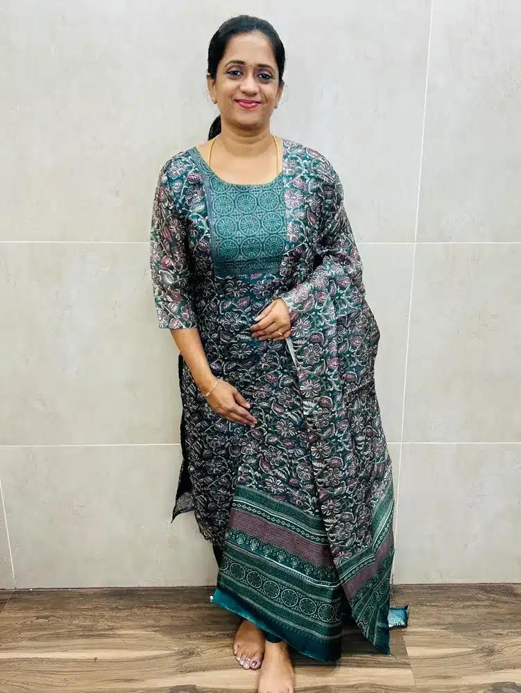 (Green)Handblock printed soft kota top(crepe lining) paired with printed kota dupatta and silk bottom(straight cut)