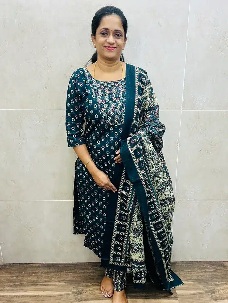 Handblock printed Jaipur cotton top (cotton lining) paired with printed cotton dupatta and cotton bottom (straight cut)