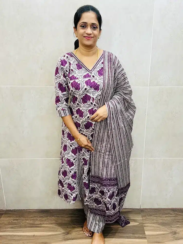 Handblock printed Jaipur cotton top (cotton lining) paired with printed cotton dupatta and cotton bottom (straight cut)