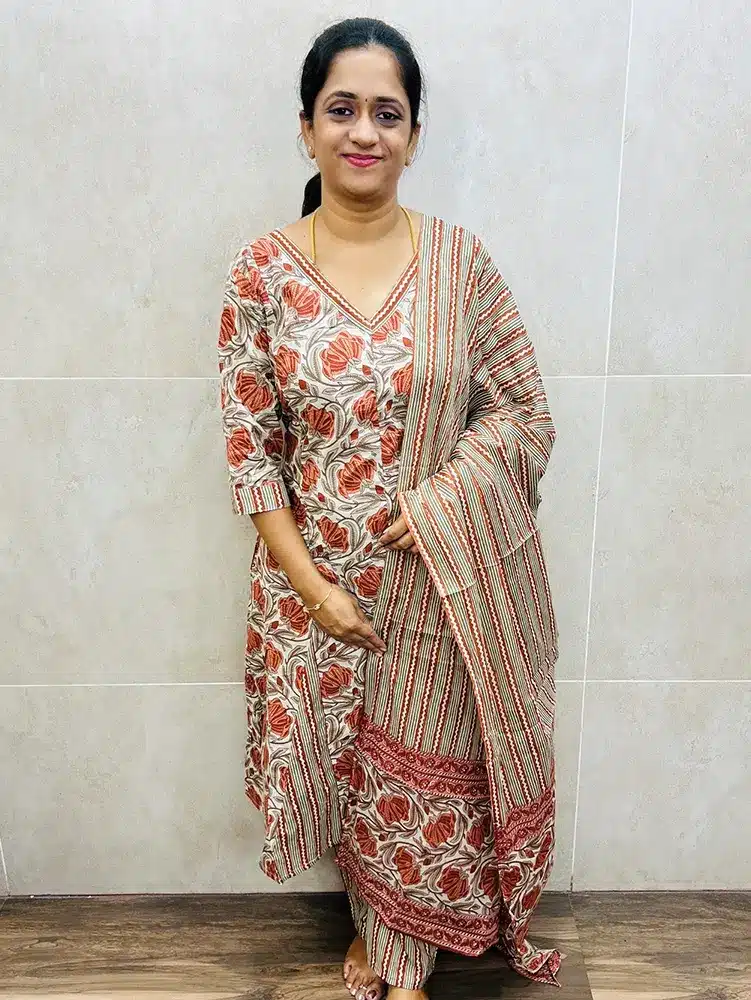 Handblock printed Jaipur cotton top (cotton lining) paired with printed cotton dupatta and cotton bottom (straight cut)