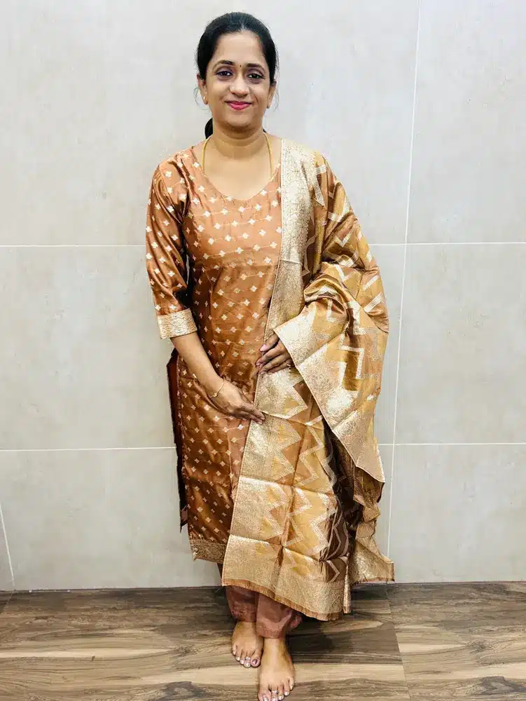 (Light brown)Soft Chanderi silk top(full crepe lining) with all over antique zari weaving paired with soft Chanderi silk dupatta and silk bottom(straight cut)